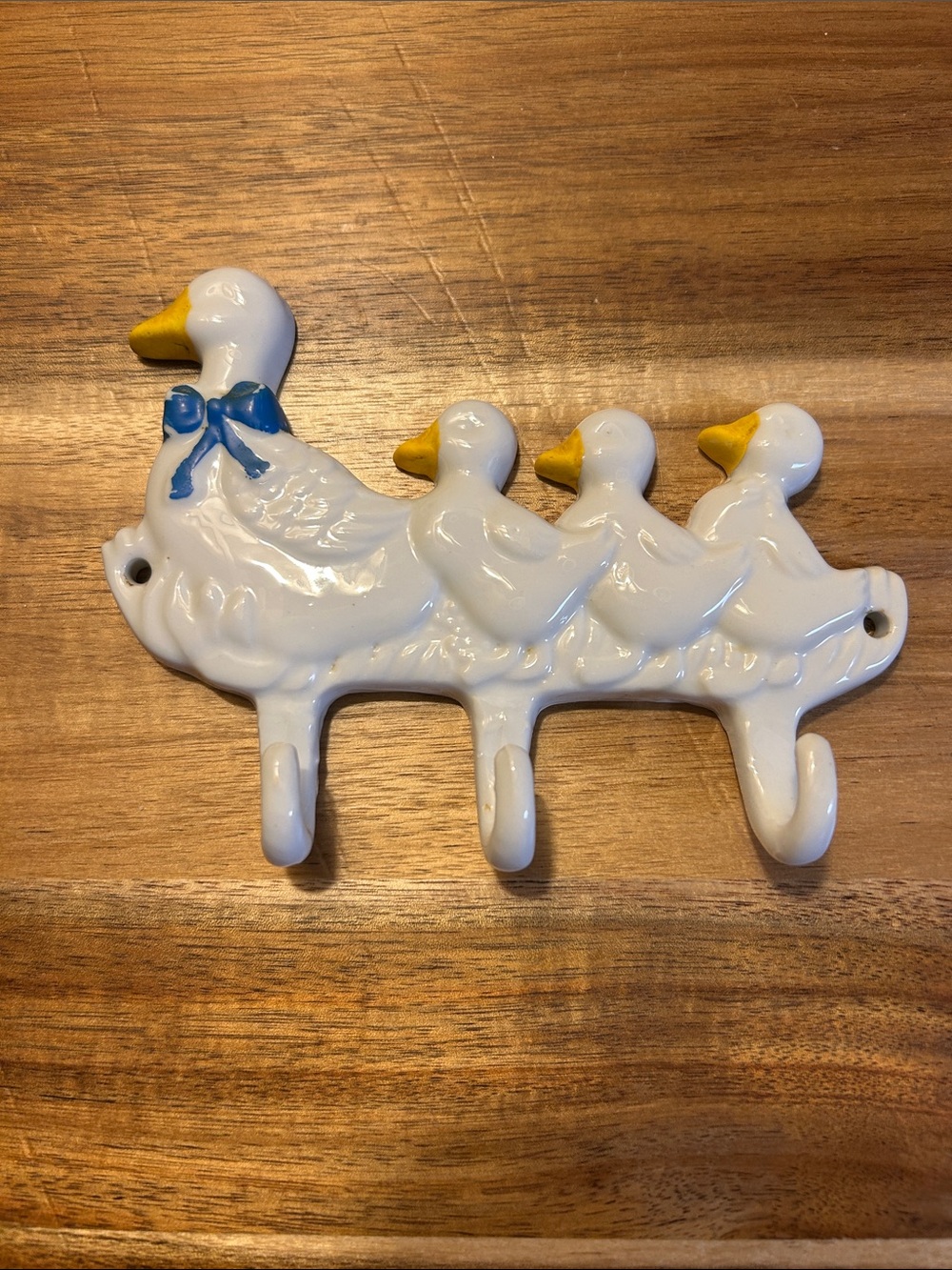 White Ceramic Duck Hook Rack with Blue Bow